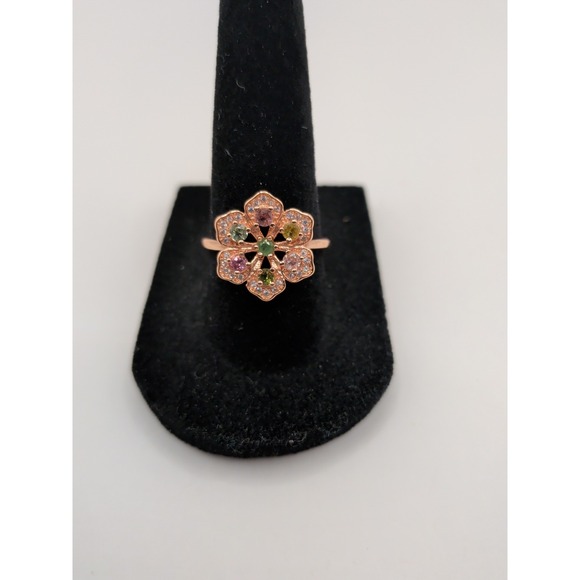 Flower Shaped Natural Tourmaline Sterling Silver‎ Ring With Rose Gold Plating...
